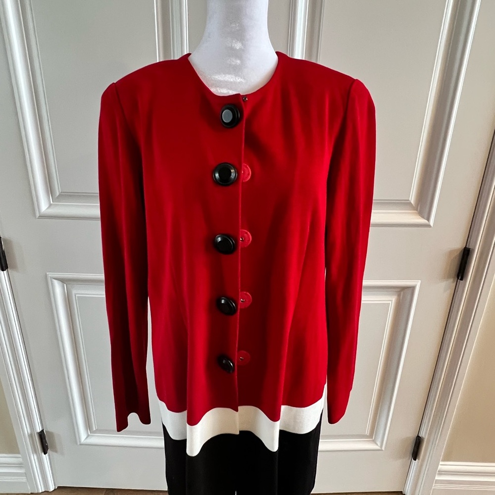 Misook Red White Black Knit Cardigan Sweater Lg